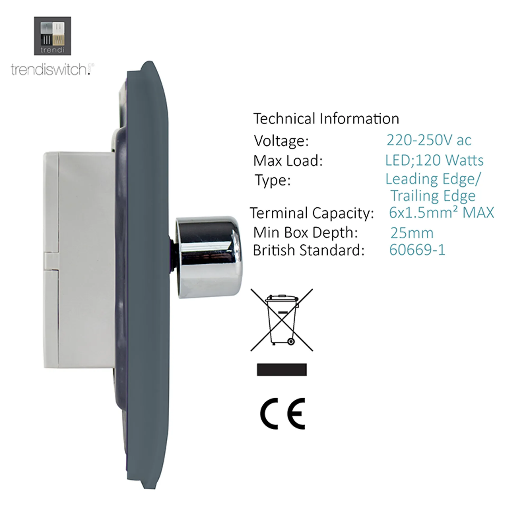1 Gang 1 Way LED Dimmer Switch Warm Grey ART-LDMWG  Trendi Warm Grey